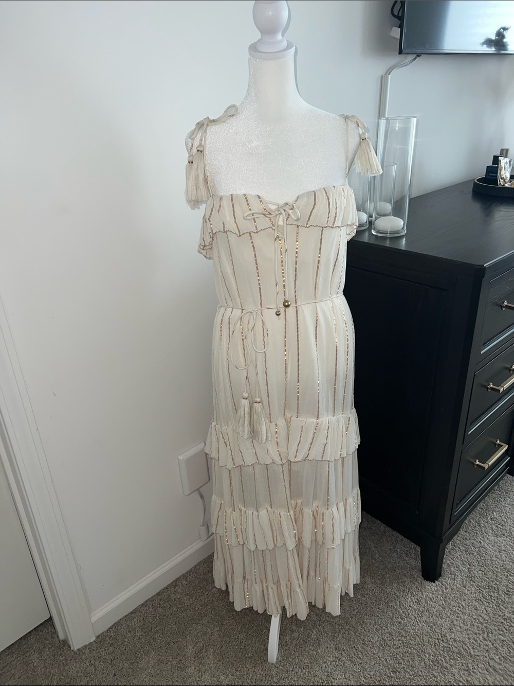 Karina Grimaldi Tassel Tie-Front Cream Maxi Dress with Metallic Gold Stripes M